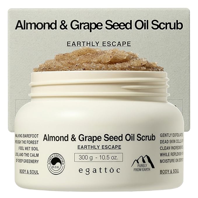 Egattoc Exfoliating Body Scrub for Dry Rough Skin, Almond & Grape Seed Oil Sugar Scrub with Himalayan Salt, BHA LHA Body Polish & Body Exfoliator, Real Grape Seed Powder, Dark Forest Scent, 10.5 oz