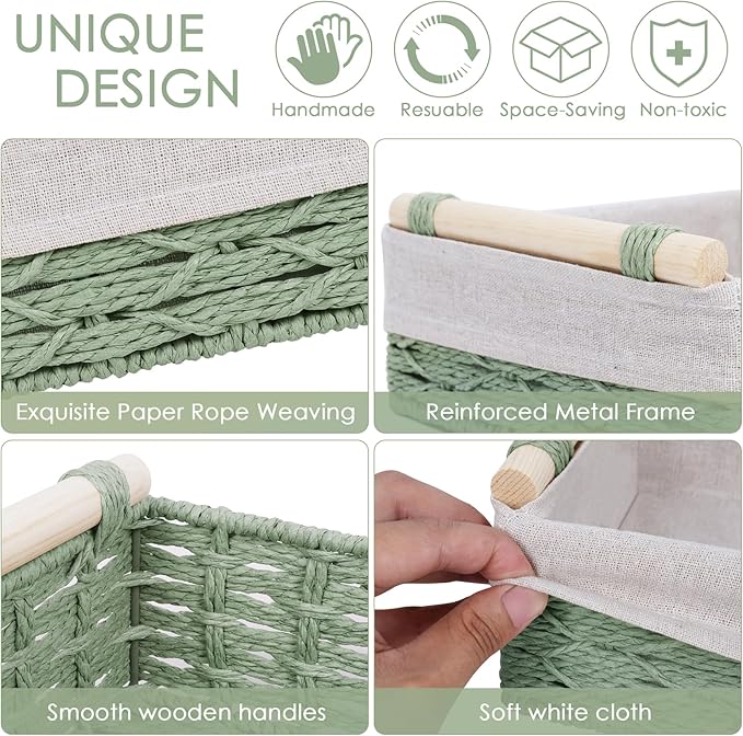 Wicker Storage Basket with Wooden Handle – Paper Rope Decorative Toilet Paper Baskets & Bathroom Organizer for Toilet Tank Top, Shelves, Bedroom, Countertop,Home,Office Storage Bins, 2 Pack,Sage Green