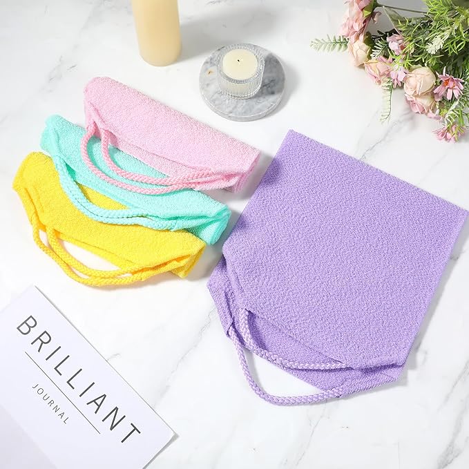 DOPENSPI 4PCS Exfoliating Back Scrubber with Handles, Nylon Double-Sided Exfoliator Extended Length Stretchable Body Exfoliating Washcloth Pull Strap Back Washer for Women Men(B)