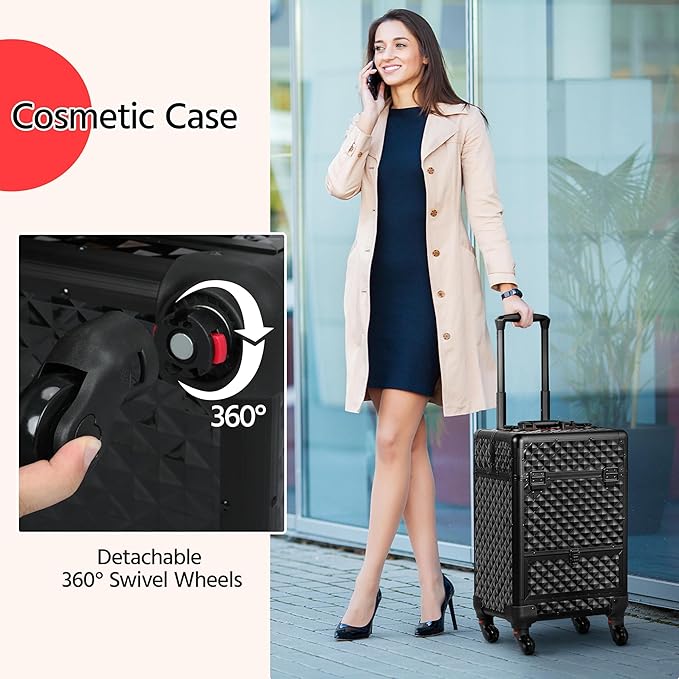 Yaheetech Rolling Makeup Train Case with a Drawer Nail Trolley Black/Red