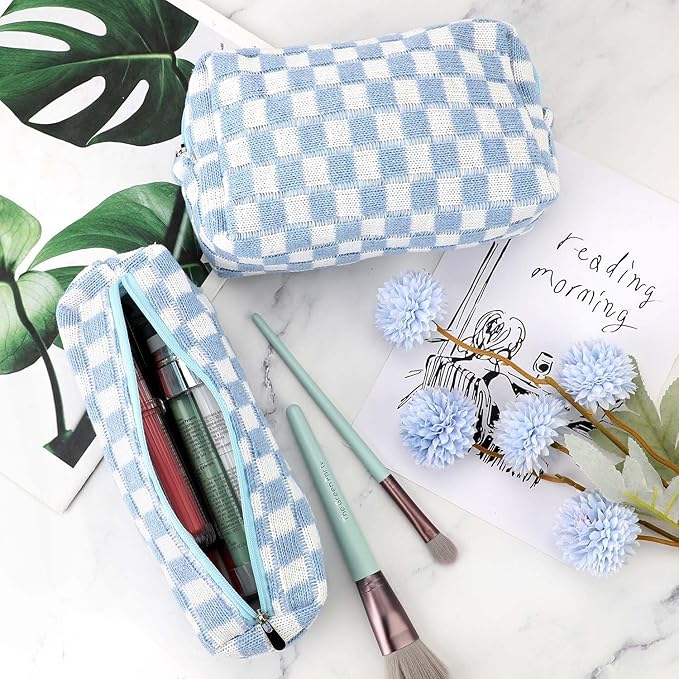 Gocvo 3 Pcs Makeup Bag Cosmetic Bag Set for Girls Women Checkered Travel Organizer Bathroom Toiletry Pouch Large Capacity Storage Bag (Blue-White)