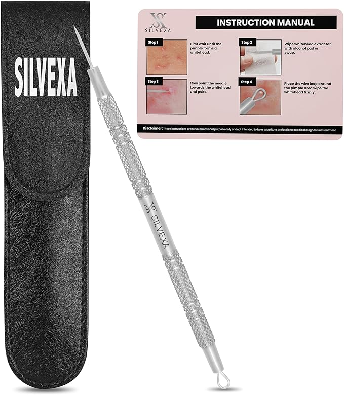 Blackhead & Whitehead Pore Cleaning Tool – Stainless Steel Comedone Extractor for Facial Skincare – Double-Ended Tool with Storage Case by SILVEXA