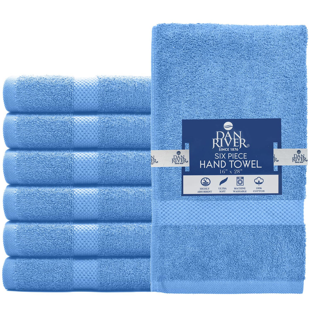 DAN RIVER 6-Pack Premium Hand Towels (16x28 Inches) - 100% Cotton, Ultra Soft, Lightweight, Highly Absorbent Towels for Bathroom, Spa, Gym, Salon, Hotel, and Travel - Medium Blue