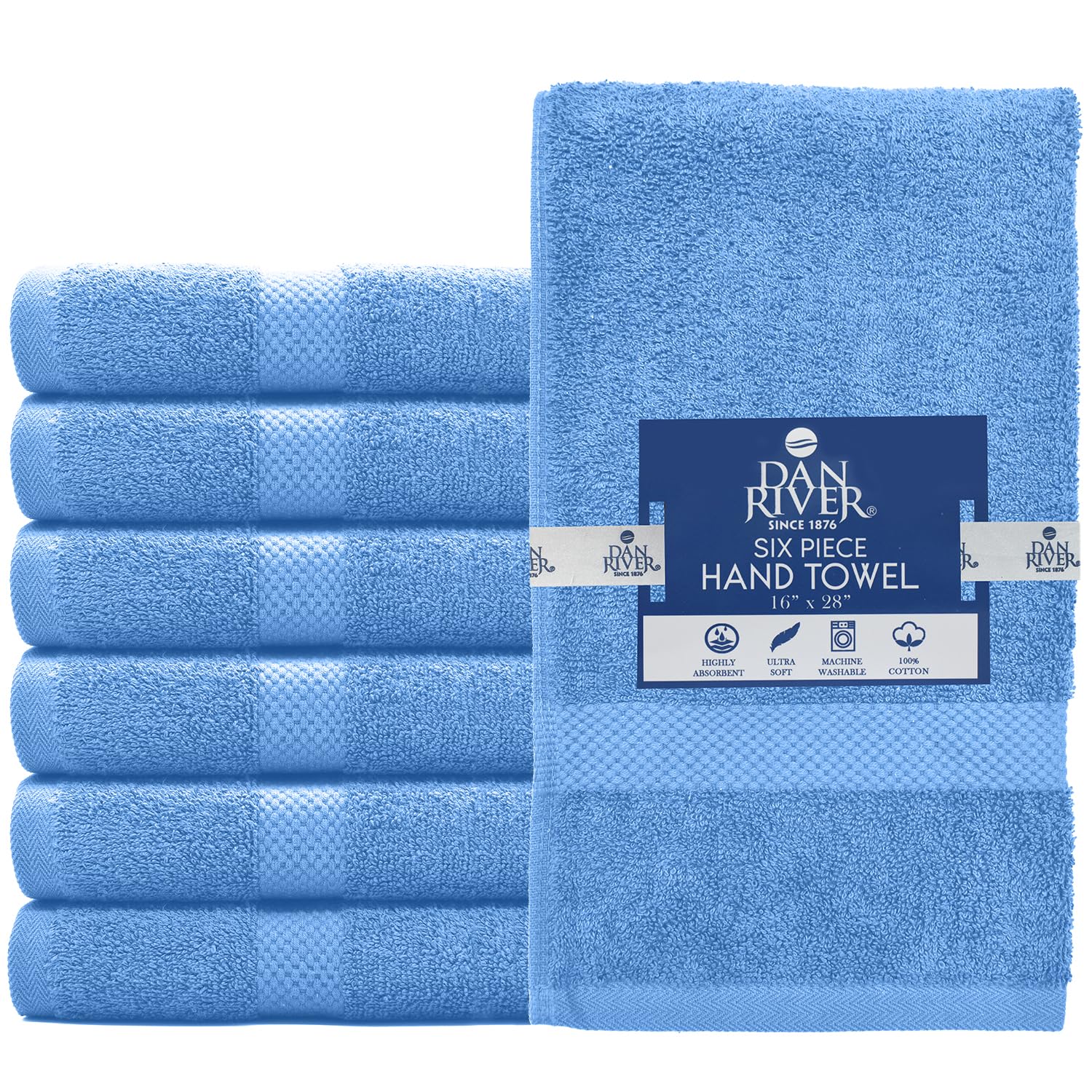 DAN RIVER 6-Pack Premium Hand Towels (16x28 Inches) - 100% Cotton, Ultra Soft, Lightweight, Highly Absorbent Towels for Bathroom, Spa, Gym, Salon, Hotel, and Travel - Medium Blue