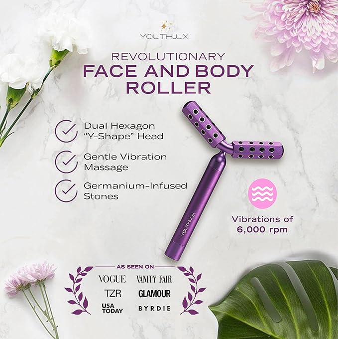 YOUTHLUX Revolution Roller - Germanium Stone Uplifting Beauty Facial Massage Tool/Wand Face Roller for Skin Tightening/Firming, De-Puffing, Anti-Aging (Purple)