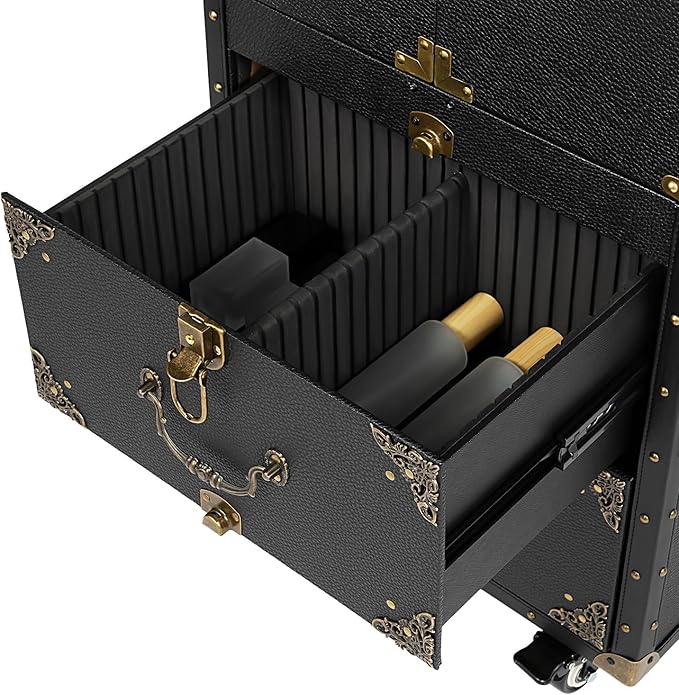 QUEWATSA Rolling Lockable Makeup Train Case, Drawer Luggage Suitcase with Makeup Hairdressing Tools Storage, Makeup Beauty Salon Luggage Hairdressing Trolley Travel Organizer Tool Box, Retro Black