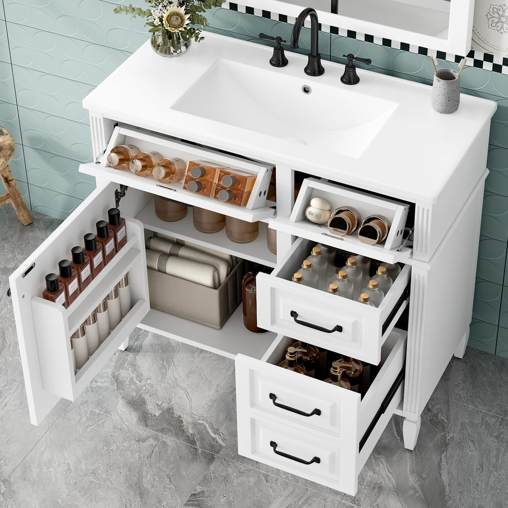 Harper & Bright Designs 36" Bathroom Vanity with Sink, Free Standing Vanity Set with 4 Drawers, Storage Racks, and Adjustable Shelf, Wood Bathroom Cabinet with Ceramic Basin for Bathroom, White