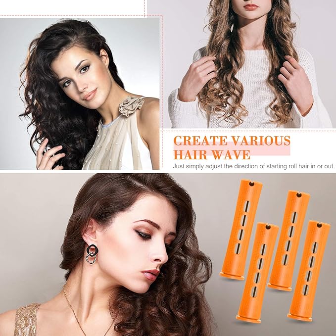 Chuangdi 24 Pcs Hair Perm Rods Plastic Cold Wave Perming Curlers Hair Rollers with Steel Pintail Comb Rat Tail Comb Tools for Hairdressing Styling(Orange,0.87inches)