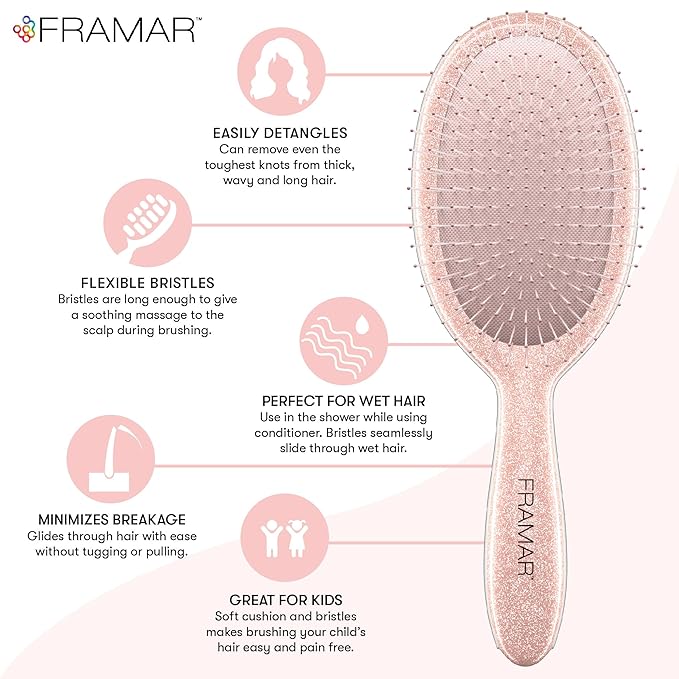 FRAMAR Glitter Hair Brush Detangler, Detangling Hairbrush For Women, Wet Hair Brush For Girls, Hair Detangler Brush, Wet Hairbrush, Hairbrushes, Reduces Frizz – Rosé