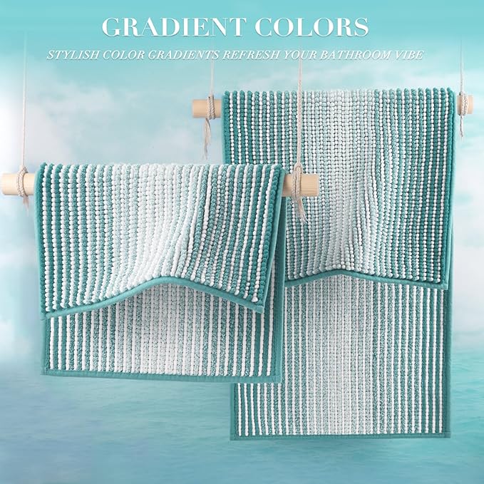 BSICPRO Bathroom Rugs and Mats Sets, 2 Piece Thick Absorbent Chenille Non Slip, Soft Shaggy Floor Mats, Machine Washable (Aqua Green, 20" x 47" Plus 16" x 24")
