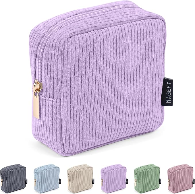 MAGEFY Small Makeup Bag Mini Cosmetics Bag Makeup Bag for Purse Corduroy Cute Cosmetic Pouch for Women with Slip-in Pockets (Purple)