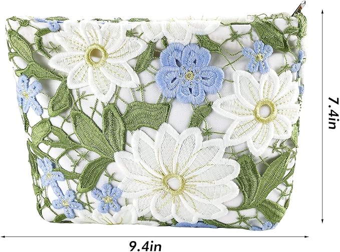 URSKYTOUS Flower Makeup Bags Travel Large Floral Cosmetic Bag for Women Cute Makeup Pouch Zippered Portable Toiletry Bag Lace Trendy Aesthetic Make up Organizer Bag Cosmetic Pouch for Purse