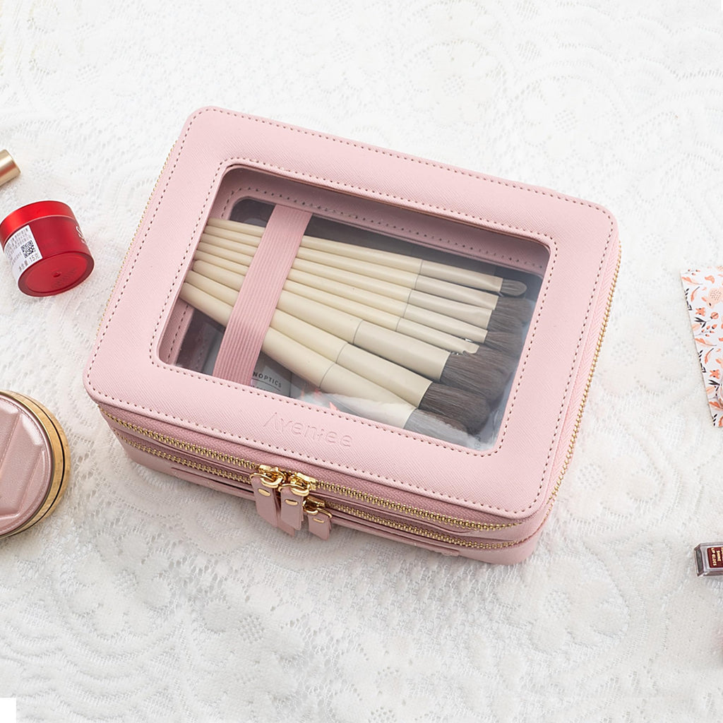 Aveniee XL Clear Makeup Organizer,Double Layer Travel Cosmetic Case with Brush Holder & Zippered Compartments, Large Toiletry Bag Train Case for Women.2 Layers, Pink