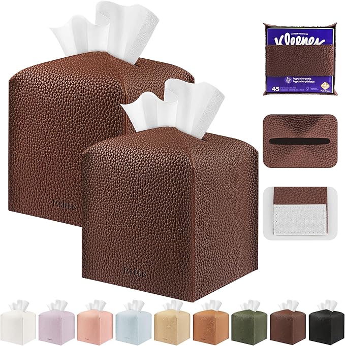 Tissue Box Cover Holder Square Tissue Cube Cover PU Leather Tissue Organizer with Bottom Belt for Bathroom, Tabletop, Car, Night Stands, Office, Home, Kitchen (2, CoffeeBrown)