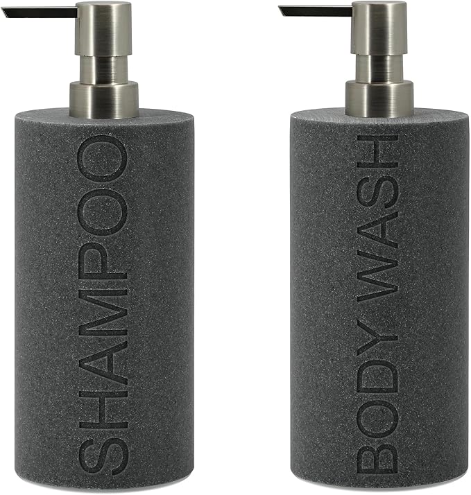 Indecor Home Resin 2 Pack Shampoo, Conditioner or Body Wash Dispenser Set, Luxurious Refillable Pump Bottles with Matte Pump Top and Embossed Text, Durable Design for Bathroom and Shower