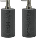 Indecor Home Resin 2 Pack Shampoo, Conditioner or Body Wash Dispenser Set, Luxurious Refillable Pump Bottles with Matte Pump Top and Embossed Text, Durable Design for Bathroom and Shower