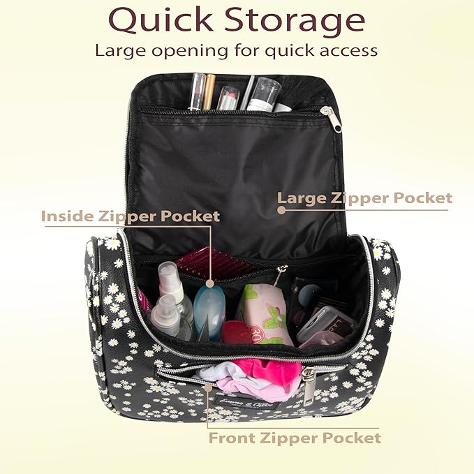 Emma & Chloe Large Cosmetic Case Makeup Organizer, Toiletry Bag for Women | 4 Section Waterproof Travel Make Up Organizing Bags (Delightful Daisies)