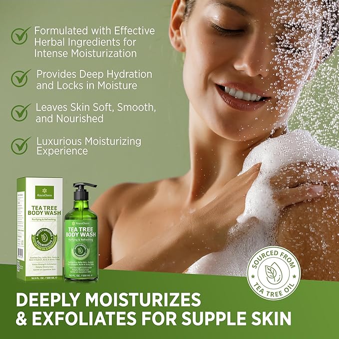 Roycederm Tea Tree Body Wash & Soap, Purifying and Refreshing Body Cleanser with Tea Tree Oil & Wormwood, Moisturizing Body Wash Helps Soothe Skin, Suitable for Men and Women, 16.9 Fl Oz