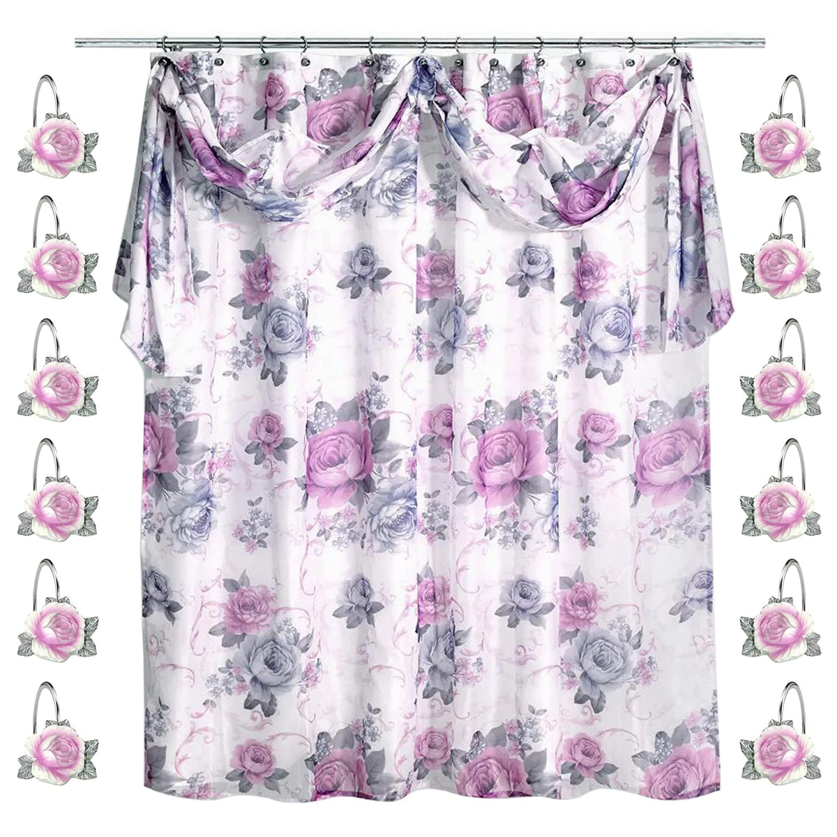 Zahari Home 13pc Rose Vine Bathroom Sheer Shower Curtain Sets Sheer Shower Curtain & 12 Shower Bathroom Hooks Modern Classic Luxury Contemporary Decor Beige Shower Curtain Set
