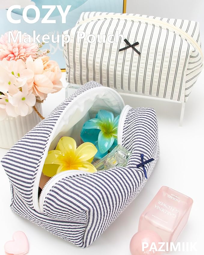 Cozy Makeup Bag for Women,Zipper Cosmetic Pouch,Stripe Navy Blue,2 Pack