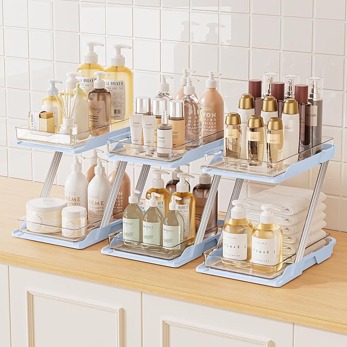 AUGBEAN 3 Pack Bathroom Organizers and Storage - Multi-Purpose,2-Tier Clear Pull Out Organization for Bathroom,Under Sink,Kitchen,Vanity,Countertop,Cabinet,Pantry & Medicine Cabinet,Blue