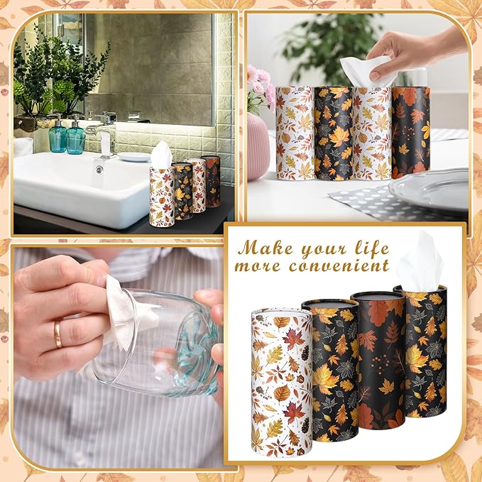 Fourluoo 12 Pack Car Tissue Cylinder Holder Bulk with 3 Ply Facial Tissues, Round Napkin Holders for Cup Holder Cylinder Travel Paper Tubes Bulk Round Napkin Boxes Packs(Maple Leaf)
