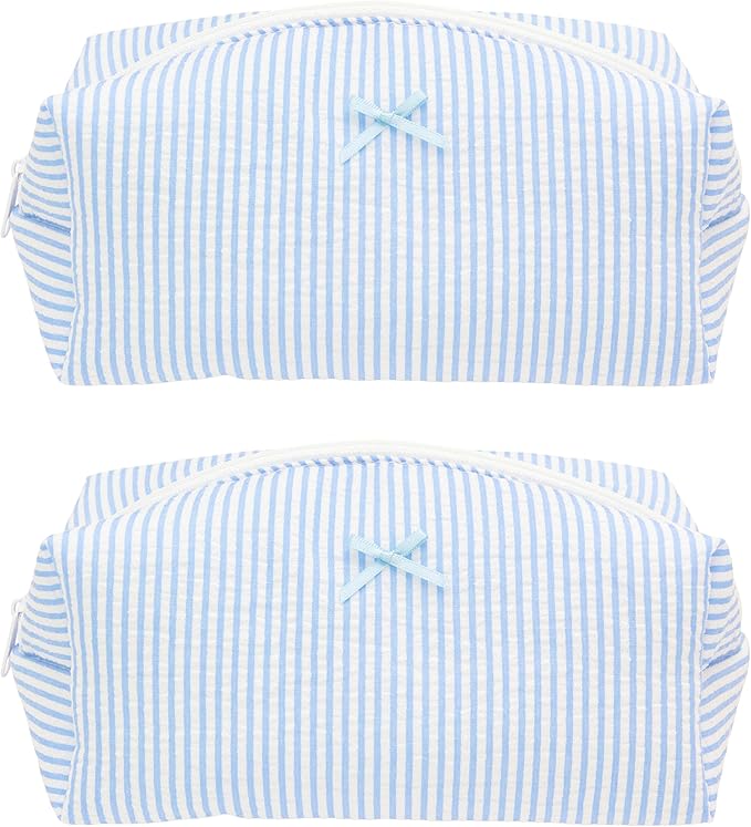 PAZIMIIK Cozy Makeup Bag for Women,Zipper Cosmetic Pouch,Stripe Blue,2 Pack