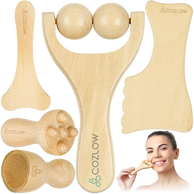 COZLOW Gua Sha Facial Massage Tools (5 Piece Set), Wooden Face Massage Therapy Kit for Face Lifting, Lymphatic Drainage, Skin Care & Anti-Aging