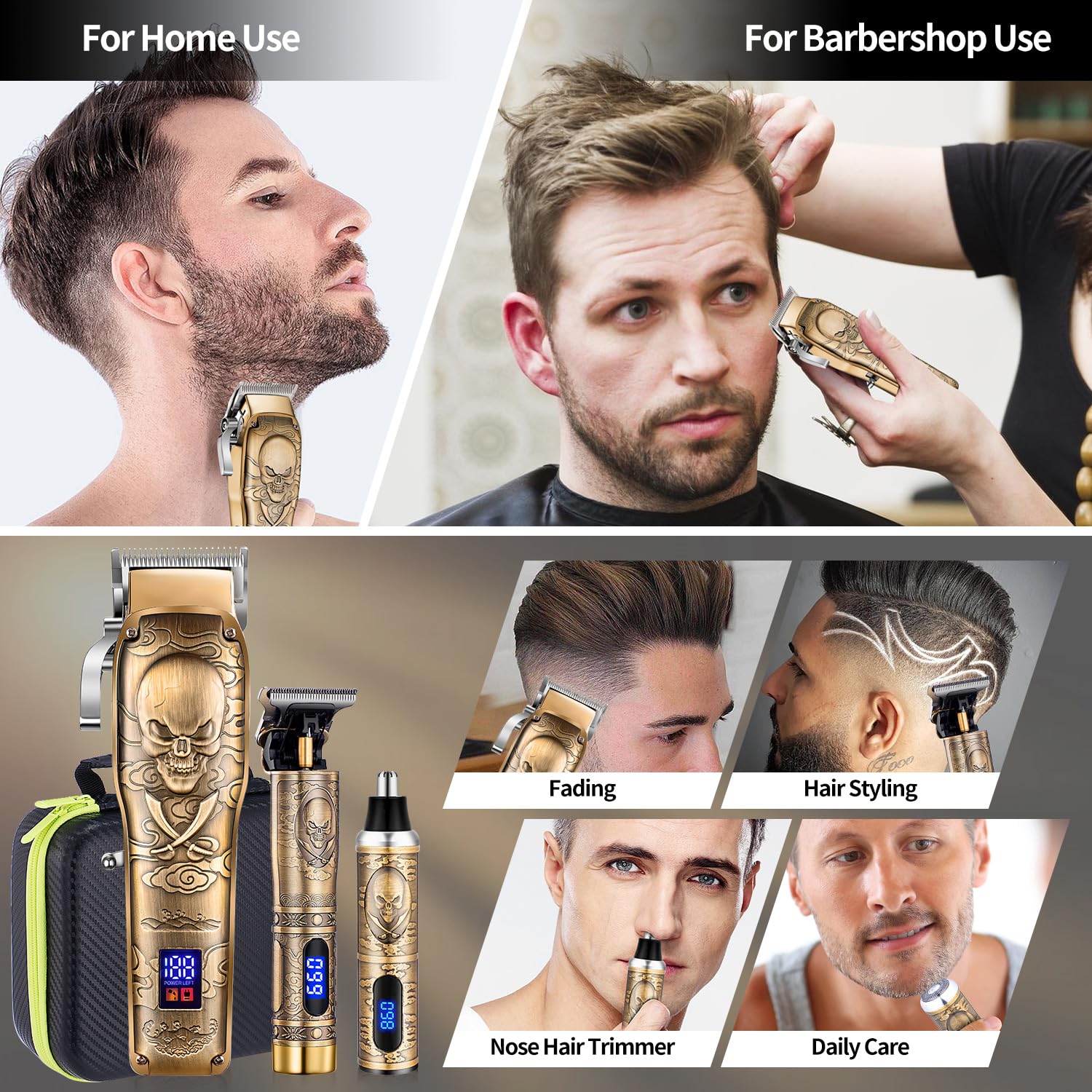 Roziapro Professional Hair Clippers for Men, Hair Trimmer for Haircut Cordless Hair Clippers Set with Rechargeable Nose Hair Trimmer, Gifts for Men (Gold)