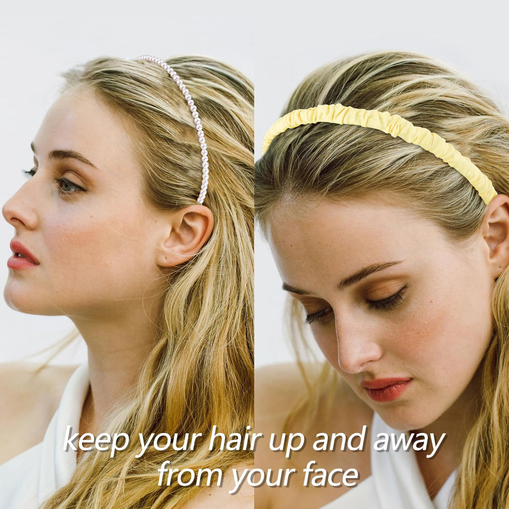 VELSCRUN Headbands for Women 7 Pcs Different Yellow Fashion Knotted Solid Head Bands Pearl Headband Non Slip Hair Band for Womens Gilrs Thin Thick Short Hair Face Wash Hair Accessories