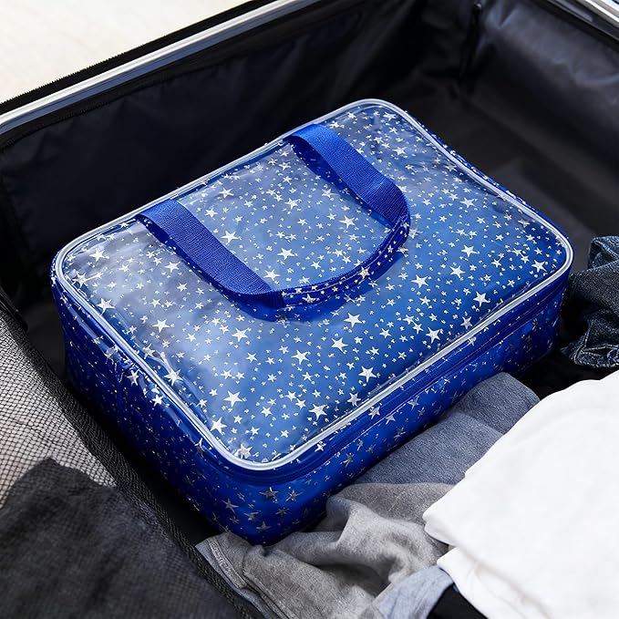 TotePrint Dark Blue Clear Star Large Cosmetic Bag and Travel Pouch with Handle,Durable Material,Zipper Design-Ideal for Makeup,Travel Essentials (Dark Blue)