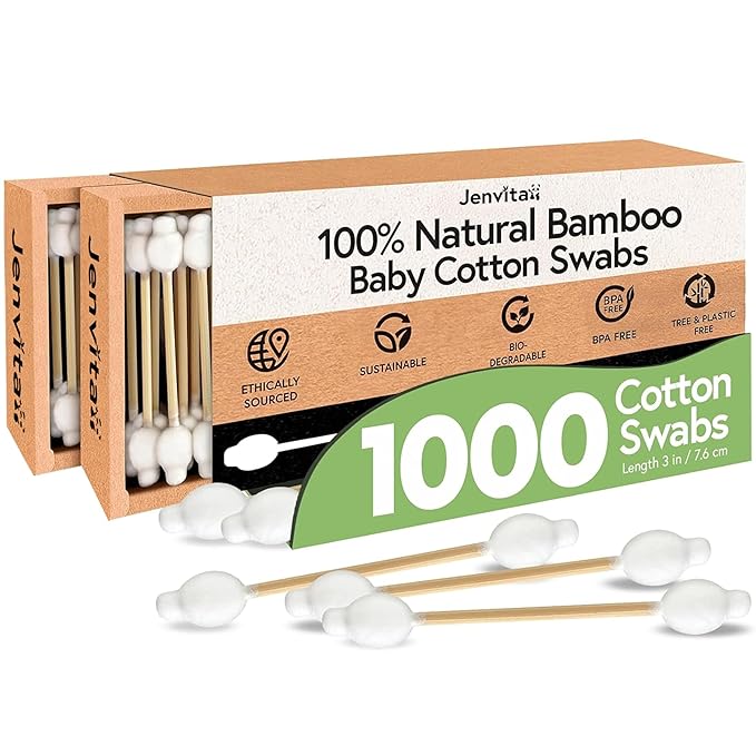 Jenvita 100% Bamboo Swabs for Ears (1000-Pack) - Safety Cotton Swabs for Baby & Personal Care | Safe, Organic Bamboo Baby Ear Cleaner | FSC Certified & Hypoallergenic, Made for All Ages & Pets
