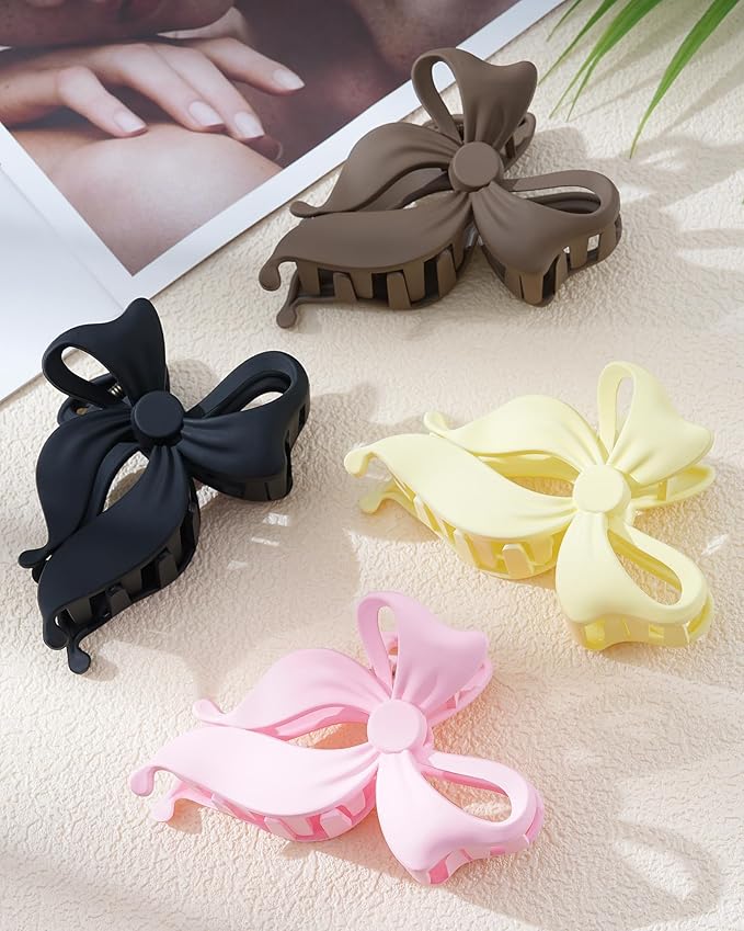 4 PCS Bow Hair Clips Bow Claw Clip for Women, Large Hair Claw Clips for Thin Thick Long Hair Cute Nonslip Bows (Black+Light Brown+Off-White+Light Pink)