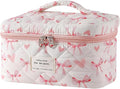 uekeboag Large Travel Quilted Makeup Bag for Women, Floral Cotton Cosmetic Bag, Coquette Aesthetic Floral Toiletry Organizer Bag(15Love Bow