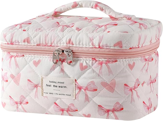 uekeboag Large Travel Quilted Makeup Bag for Women, Floral Cotton Cosmetic Bag, Coquette Aesthetic Floral Toiletry Organizer Bag(15Love Bow
