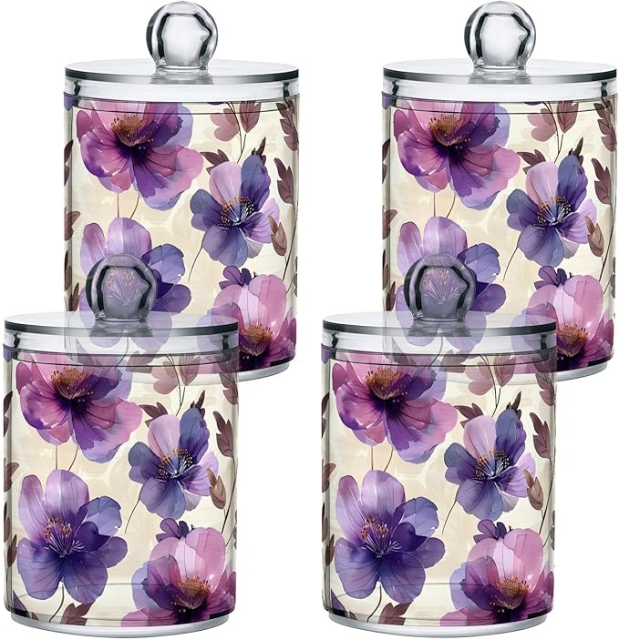 ALAZA 2 Pack Qtip Holder Dispenser for Cotton Ball Purple Tulip Flower Beige Swab Cotton Round Pads Clear Plastic Acrylic Jar Set Bathroom Canister