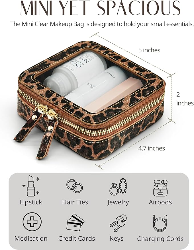 Small Makeup Bag Clear Mini Pouch Cosmetic Case Travel Leopard Make Up Bag for Purse Accessories Cheetah Print Travel Clear Case for Car Essentials Women Cute Leather Little Cosmetic Pouch with Zipper
