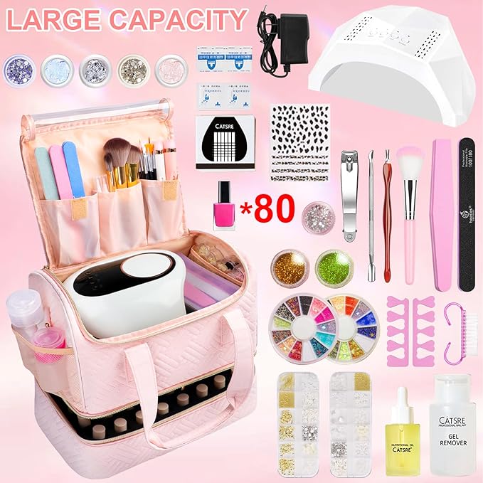 Veirdro Nail Polish Organizer Bag Holds 80 Bottles (15ml/0.5fl.oz)& Nail Lamp, Soft Velvet Nail Kit Storage Carrying Case with Shoulder Strap, Double Layer Nail Supplies Organizer Handbag Women (Pink)