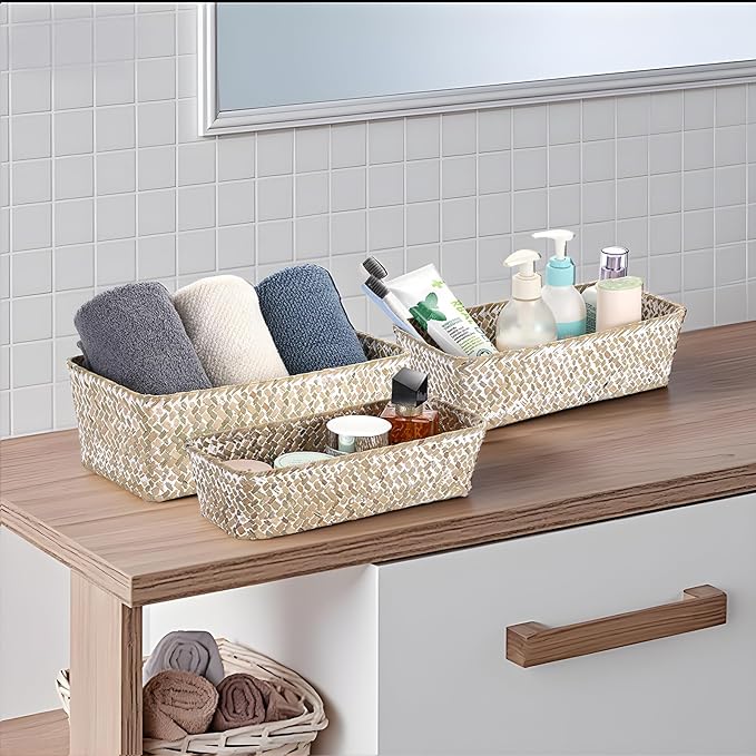 3 Natural Wicker Baskets Set Rectangular Handwoven Seagrass Basket Storage Bins Home Organizer Bins - Household Basket Box for Shelf Wardrobe Desktop Home Decor (Whitewash)