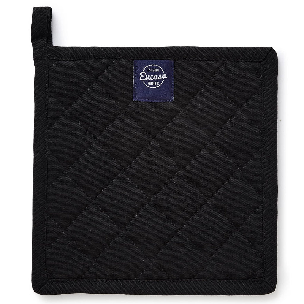 Encasa XO Heat Resistant Cotton Pot Holders with Hanging Loop - Set of 2 - Full Black - Multipurpose Quilted Everyday Hot Pad for Kitchen, Camping, BBQ & Microwave - 8x8 in
