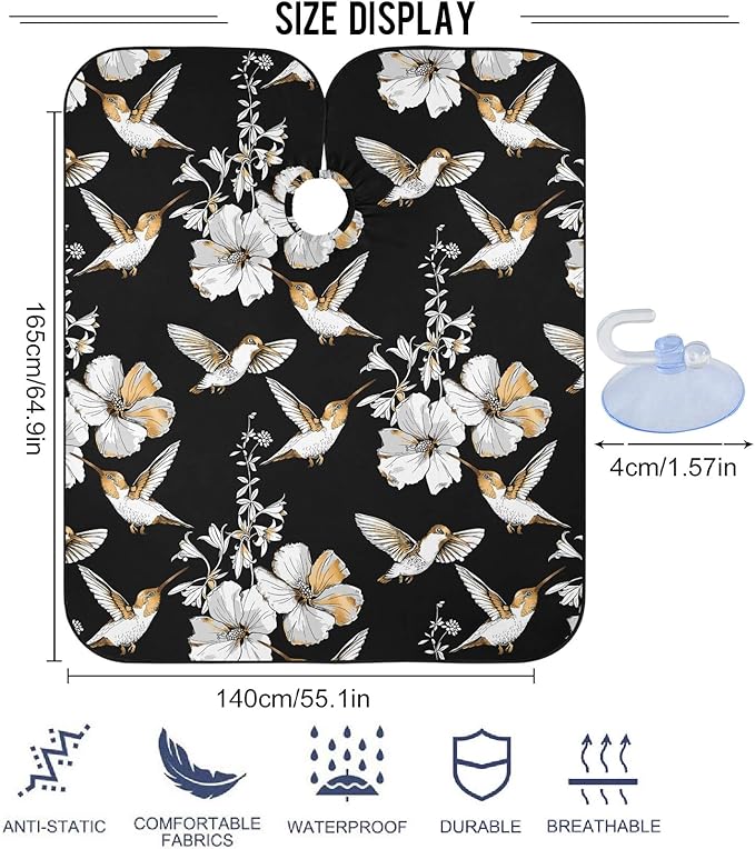 visesunny Barber Cape Exotic Tropical Hibiscus Flower And Hummingbird Gold Silver Pattern Polyester Hair Cutting Salon Cape Apron Anti-Static Haircut Water-Resistant Shaving Cloth Beard Shaving Bib Ha