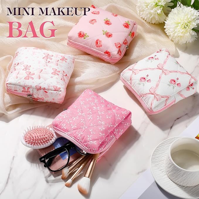 Paterr 4 Pcs Mini Quilted Floral Makeup Bag Pink Bow Cosmetic Bag Small Coquette Quilted Pouch with Zipper Cute Kawaii Cotton Travel Toiletry Bags Girls for Back to School Teacher Students Gifts