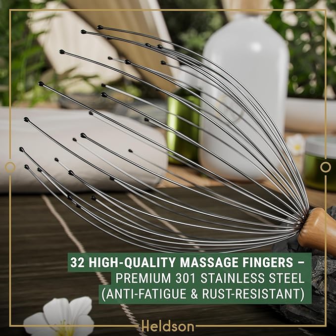HELDSON® Premium Wire Head Massager Scalp Massager Tool - 32 Fingers Octopus Scratcher - Stress Relax Tickler - Hair Massagers Whisk - Headspa Equipment - Headscratcher Tickle Tools - Gift Men, Women