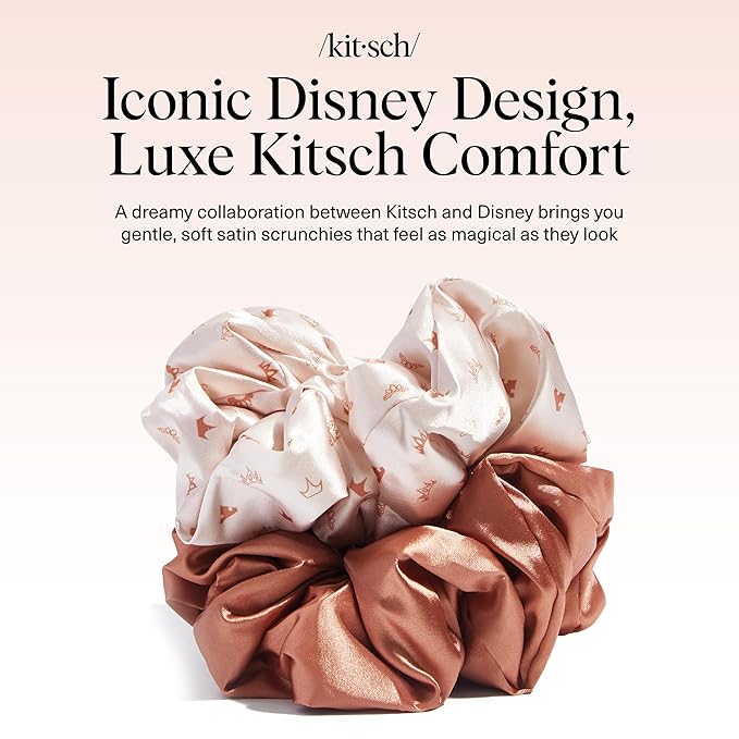 Kitsch & Disney Satin Scrunchies for Women - No Crease Hair Ties for Girls | Big Scrunchies with All Hair Types and Textures, Perfect for Day or Night - 2 Pcs, Desert Crown