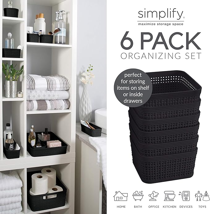 Simplify 6 Pack Organizing Set | Square Bins | Multipurpose | Office | Desk | Dorm | Bathroom | Storage Basket | Small Items | Accessories | Black