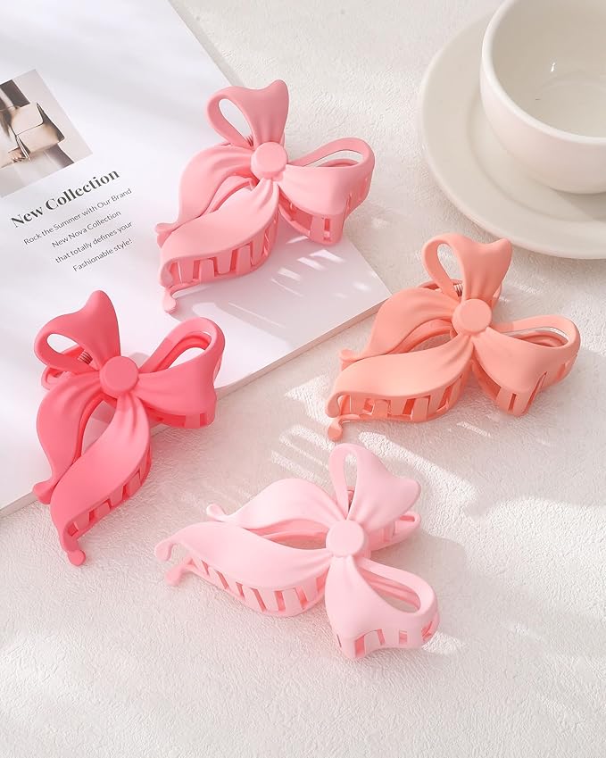 4 PCS Bow Hair Clips Bow Claw Clip for Women, Large Hair Claw Clips for Thin Thick Long Hair Cute Nonslip Bows(Cute Pink Series)