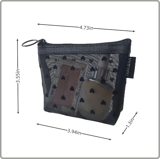 TRAKWAN Mini Mesh Heart Makeup Bag Set, Mesh Cosmetic Bags with Zipper, Makeup Lipstick Cosmetic Accessories Organizer Bag, Mesh Pouch for Travel (Black-6pcs)