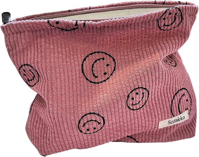 Gardsell Cosmetic Bags for Women - Corduroy Cosmetic Bag Aesthetic Women Handbags Purses Smile Dots Makeup Organizer Storage Makeup Bag Girls Case Bags (A-Pink)