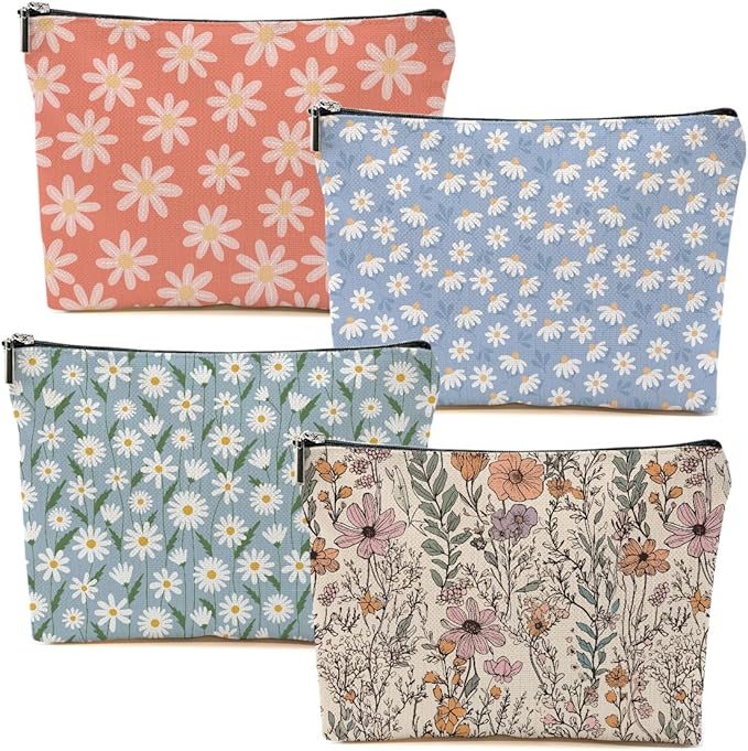 DHKG 4pcs Vintage Floral Makeup Bag, Daisy Flower Cosmetic Bag Garden Gifts