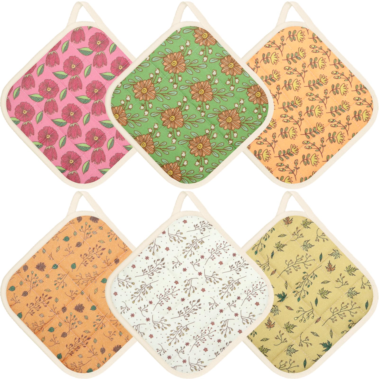 6 Pack Pot Holders 100% Cotton Heat Resistant Potholder, Machine Washable Pot Holder, Hot Pads, Table Pads for Cooking Baking (H)